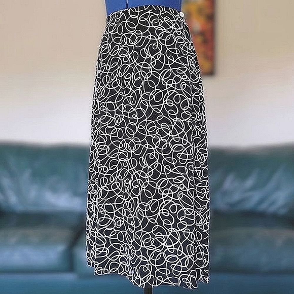 Vtg black and white scribble print summer midi skirt